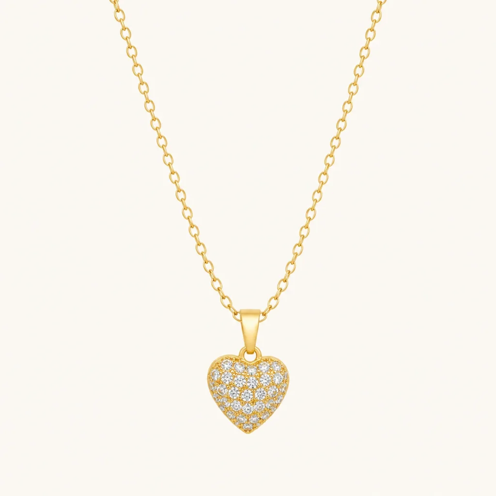 Divayra Aurora Pave Heart Cable Chain Necklace with clear CZ stones and polished gold-tone oval links