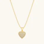 Divayra Aurora Pave Heart Cable Chain Necklace with clear CZ stones and polished gold-tone oval links