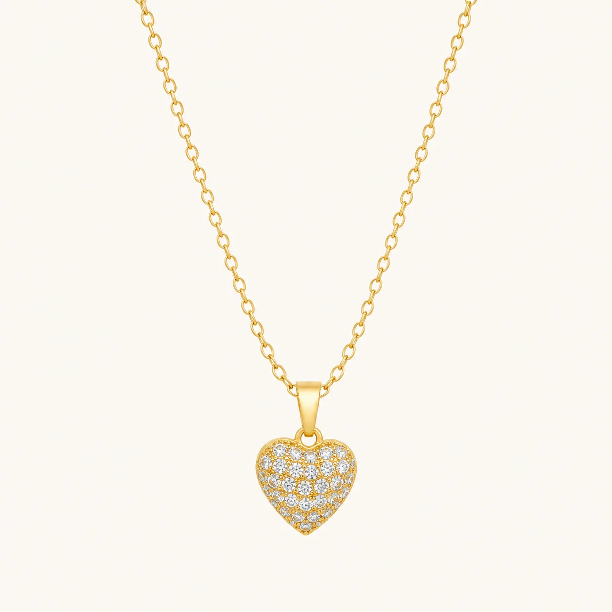 Divayra Aurora Pave Heart Cable Chain Necklace with clear CZ stones and polished gold-tone oval links