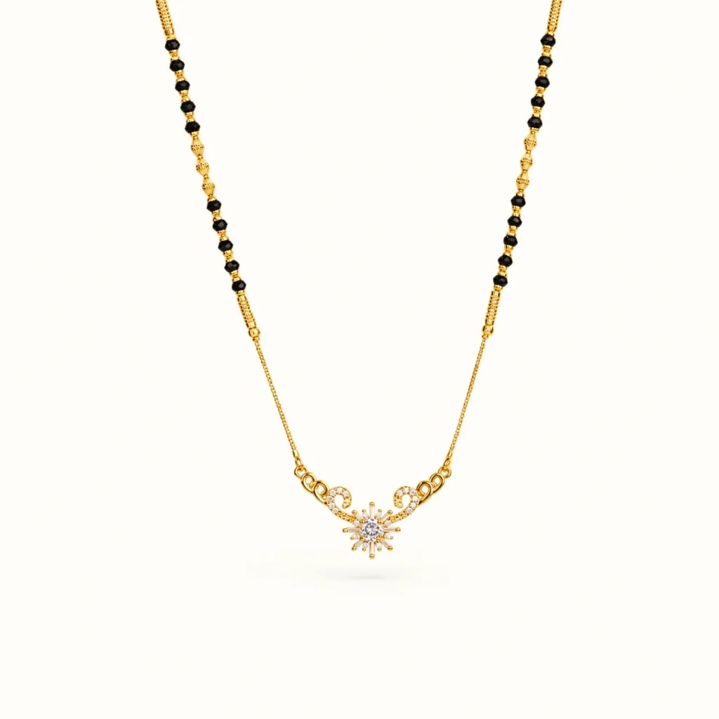 Designer Celestial Bloom Mangalsutra in 1-Gram Gold-Plated Finish with Solitaire CZ Floral Pendant and Black Bead Chain