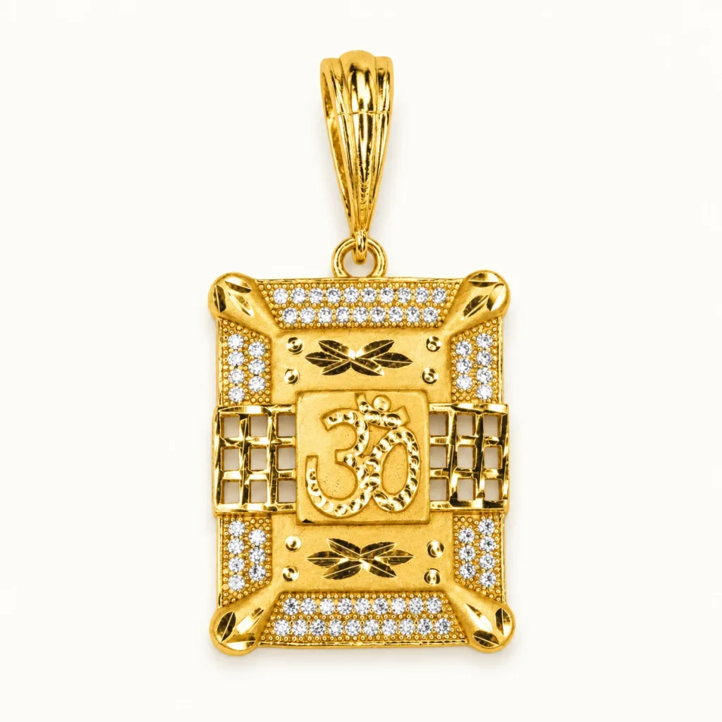 Designer Om Pendant in 22K Gold Finish with CZ Stones Square Spiritual Pendant for Men