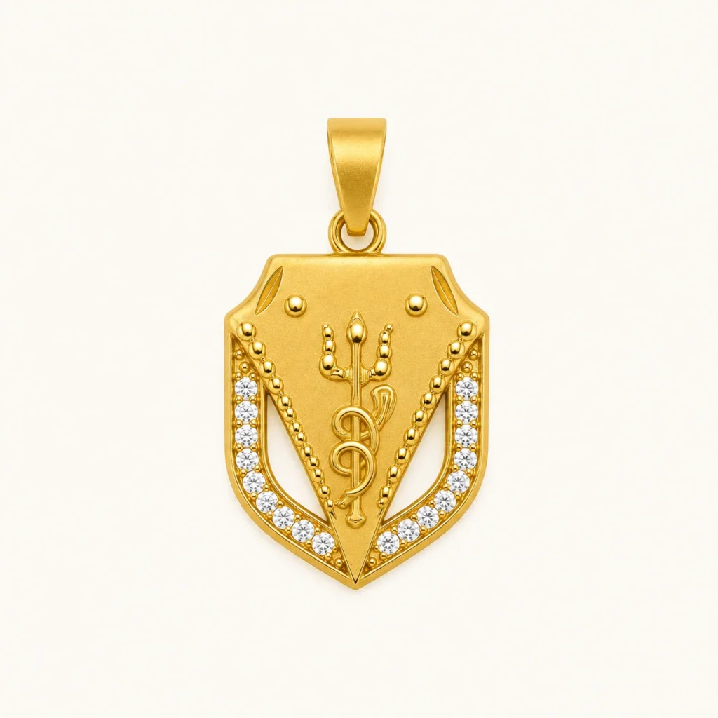 Designer Trishul Shield Pendant in 22K Gold Finish with White Stone Border for Men