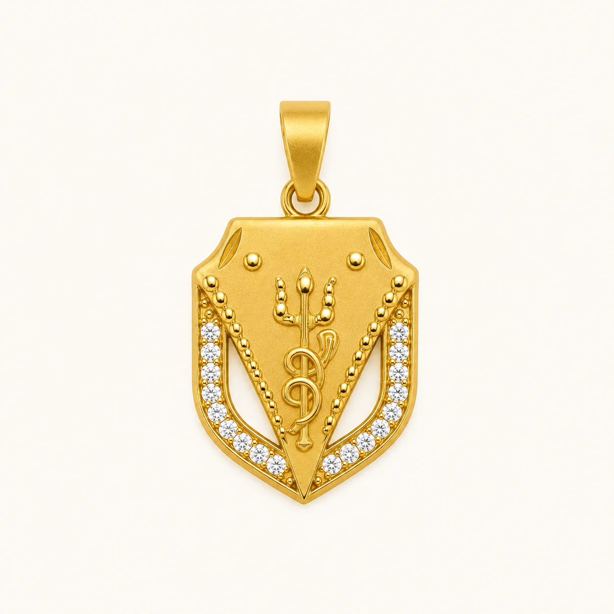 Designer Trishul Shield Pendant in 22K Gold Finish with White Stone Border for Men Designer Trishul Shield Pendant in 22K Gold Finish with White Stone Border for Men