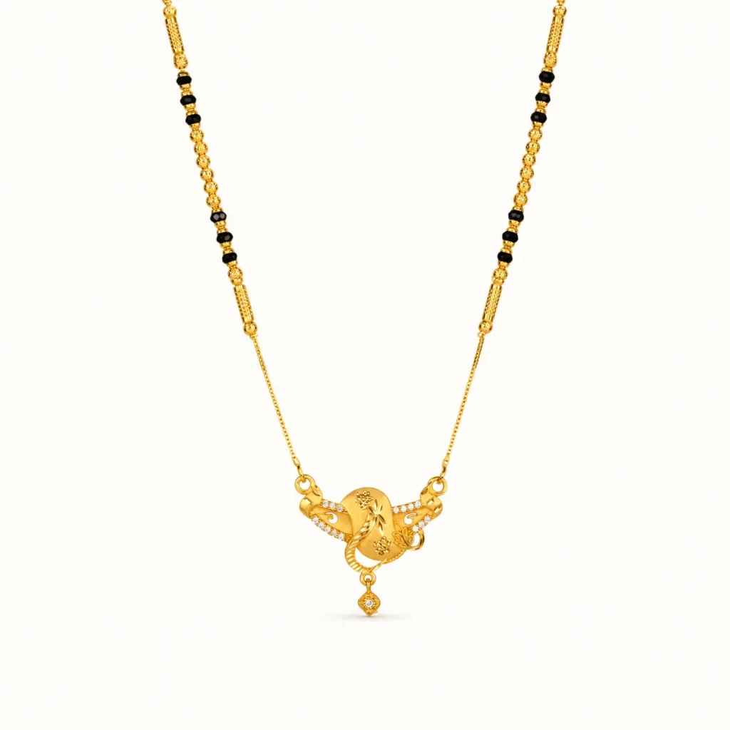 Designer Vaidehi Floral Mangalsutra in 1-Gram Gold-Plated Finish with CZ Stones and Black Bead Chain for Women