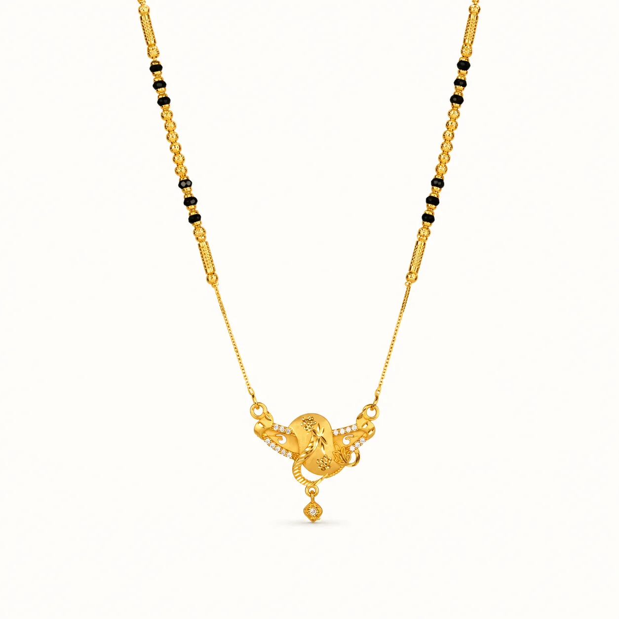 Designer Vaidehi Floral Mangalsutra in 1-Gram Gold-Plated Finish with CZ Stones and Black Bead Chain for Women