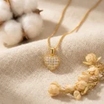 Divayra Amoura Pavé Heart Box Chain Necklace with clear CZ stones and polished gold-tone Venetian chain (7)