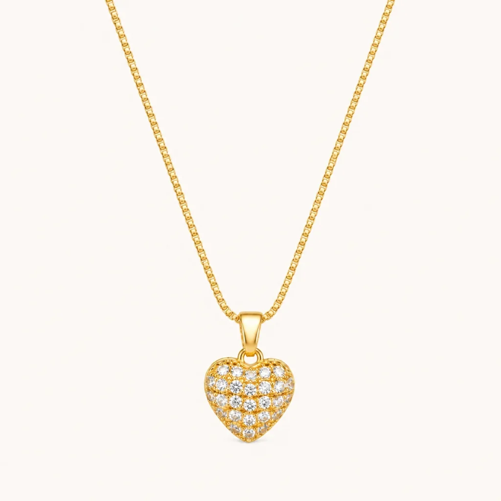 Divayra Amoura Pavé Heart Box Chain Necklace with clear CZ stones and polished gold-tone Venetian chain (7)