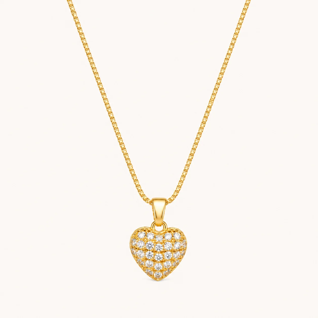 Divayra Amoura Pavé Heart Box Chain Necklace with clear CZ stones and polished gold-tone Venetian chain (7)