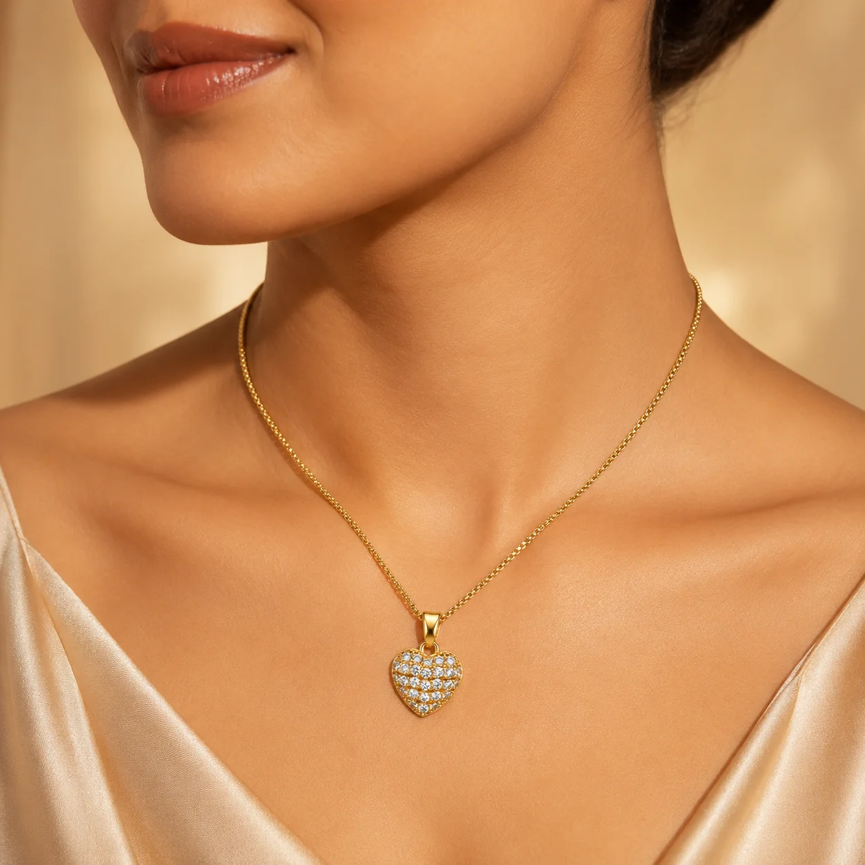 Divayra Amoura Pavé Heart Box Chain Necklace with clear CZ stones and polished gold-tone Venetian chain (7)