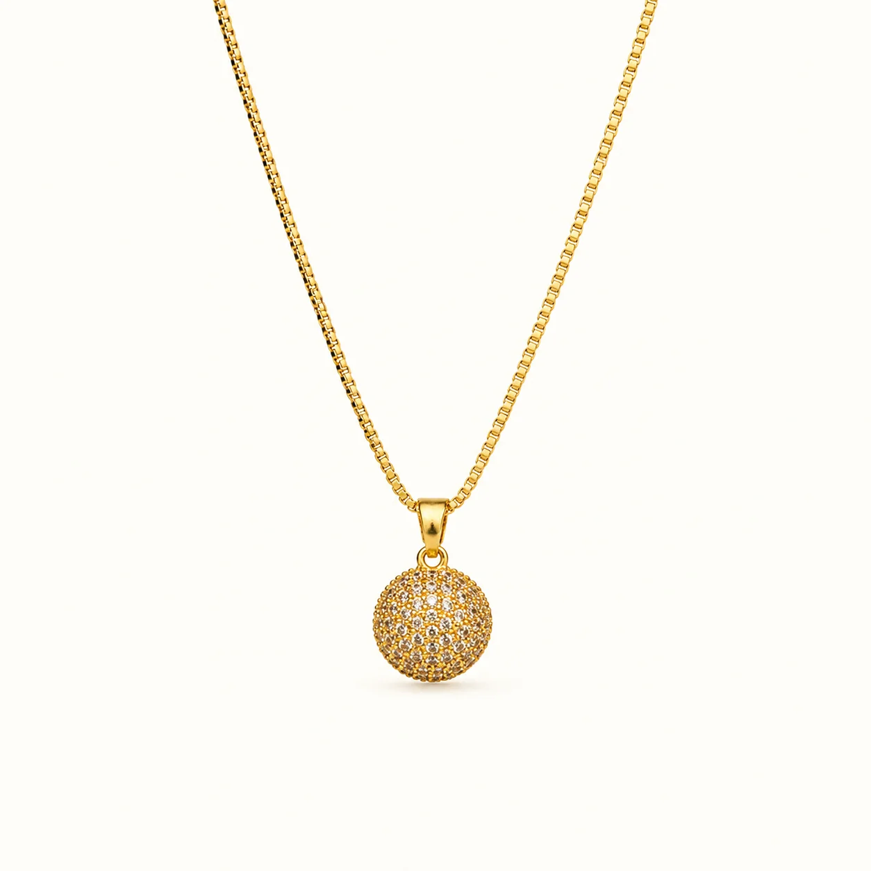 Divayra Aurelia Pave Sphere Box Chain Necklace with clear CZ crystal ball pendant and polished gold-tone Venetian chain (2)