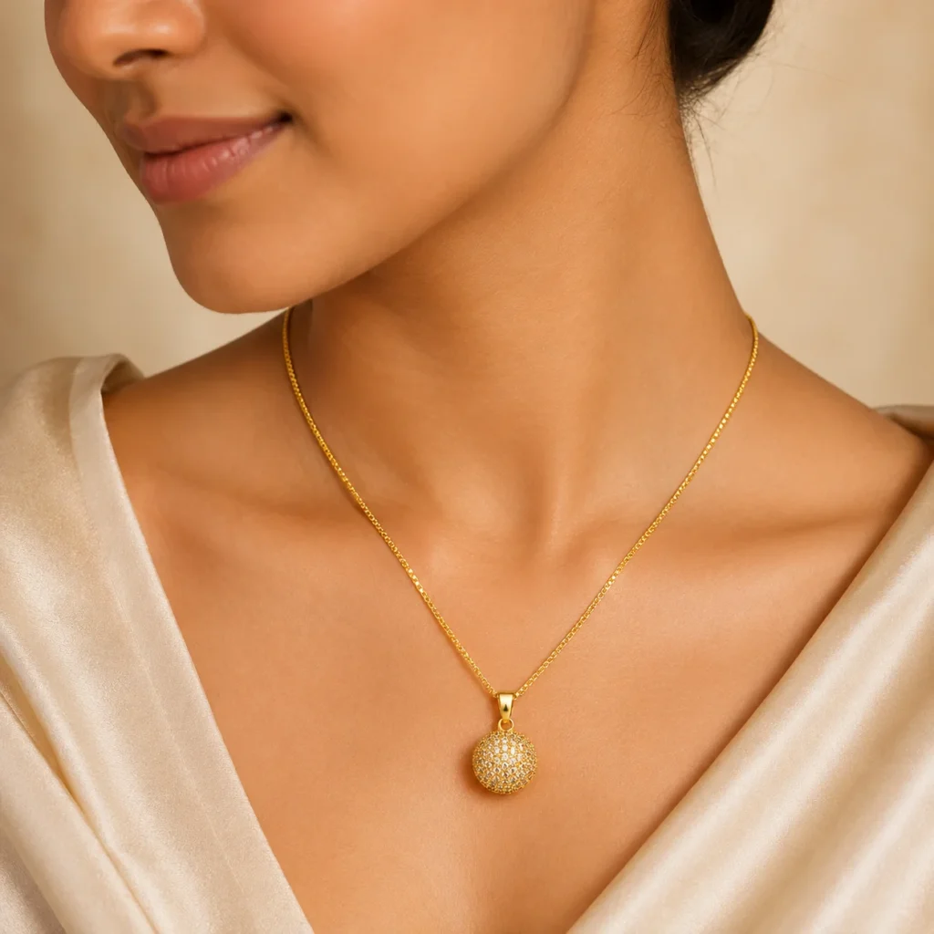 Divayra Aurelia Pave Sphere Box Chain Necklace with clear CZ crystal ball pendant and polished gold-tone Venetian chain (2)