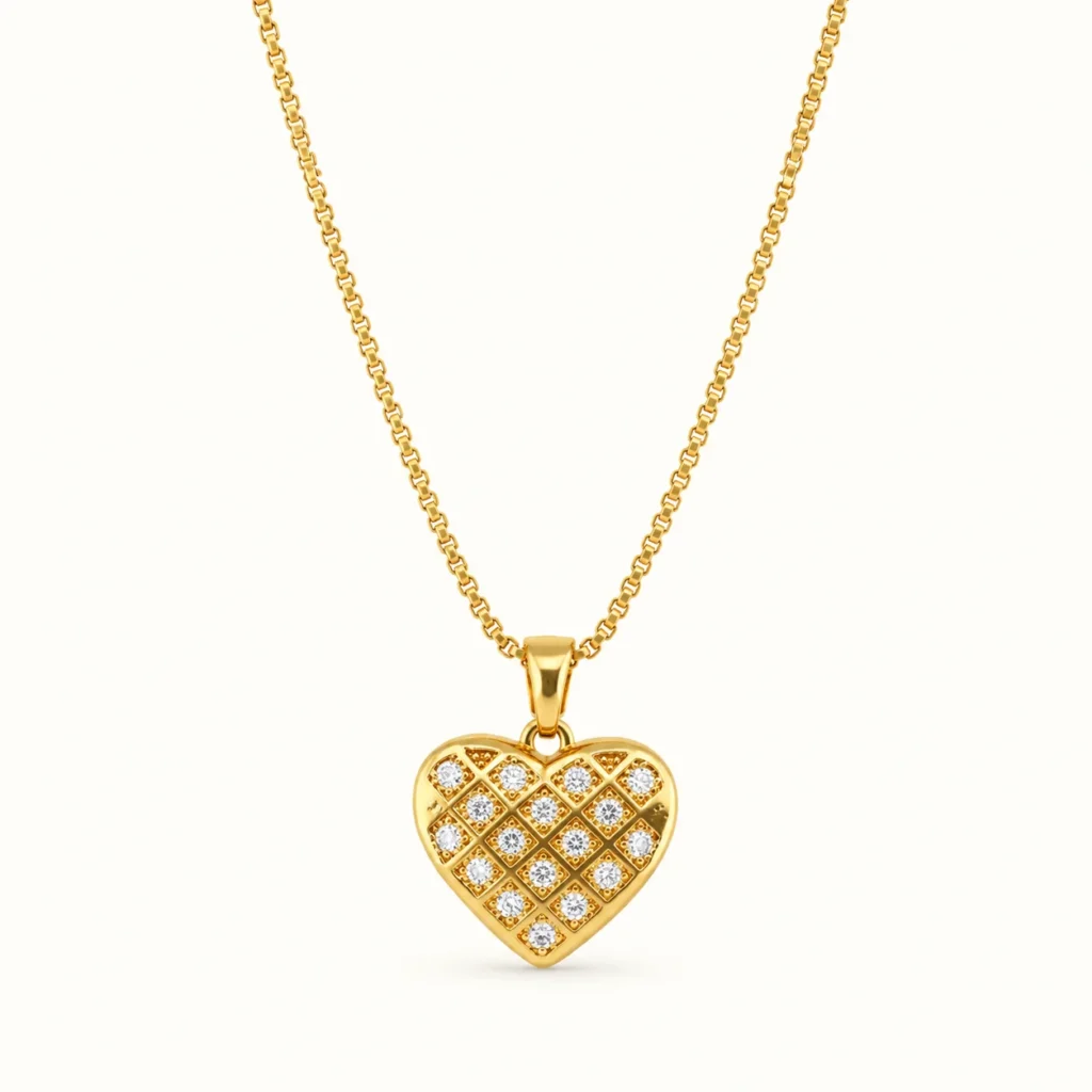 Divayra Avelisse Quilted Heart Box Chain Necklace with clear CZ stones and a polished gold-tone lattice pendant (6)