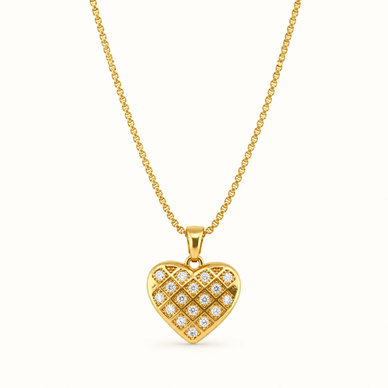 Divayra Avelisse Quilted Heart Box Chain Necklace with clear CZ stones and a polished gold-tone lattice pendant (6)