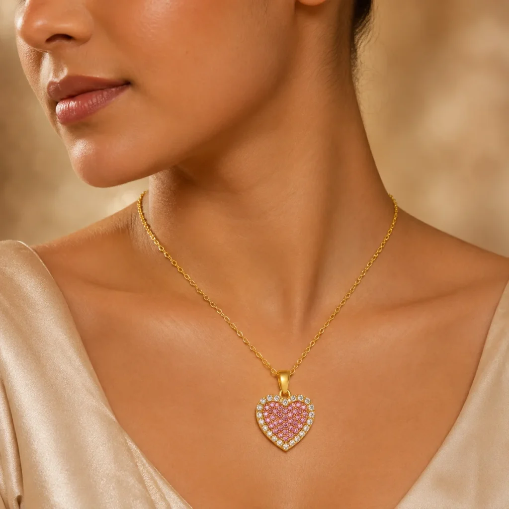 Divayra Blush Halo Pink Heart Cable Chain Necklace with pink pavé CZ stones, clear crystal border and polished gold-tone oval links