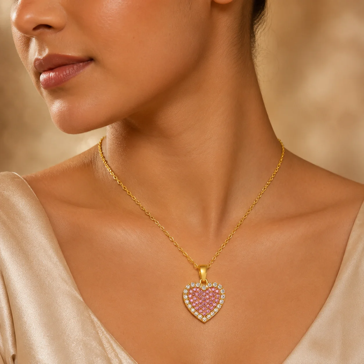Divayra Blush Halo Pink Heart Cable Chain Necklace with pink pavé CZ stones, clear crystal border and polished gold-tone oval links