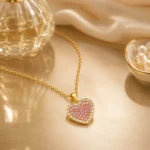 Divayra Blush Halo Pink Heart Cable Chain Necklace with pink pavé CZ stones, clear crystal border and polished gold-tone oval links
