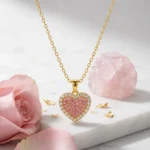 Divayra Blush Halo Pink Heart Cable Chain Necklace with pink pavé CZ stones, clear crystal border and polished gold-tone oval links