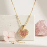 Divayra Blush Halo Pink Heart Cable Chain Necklace with pink pavé CZ stones, clear crystal border and polished gold-tone oval links