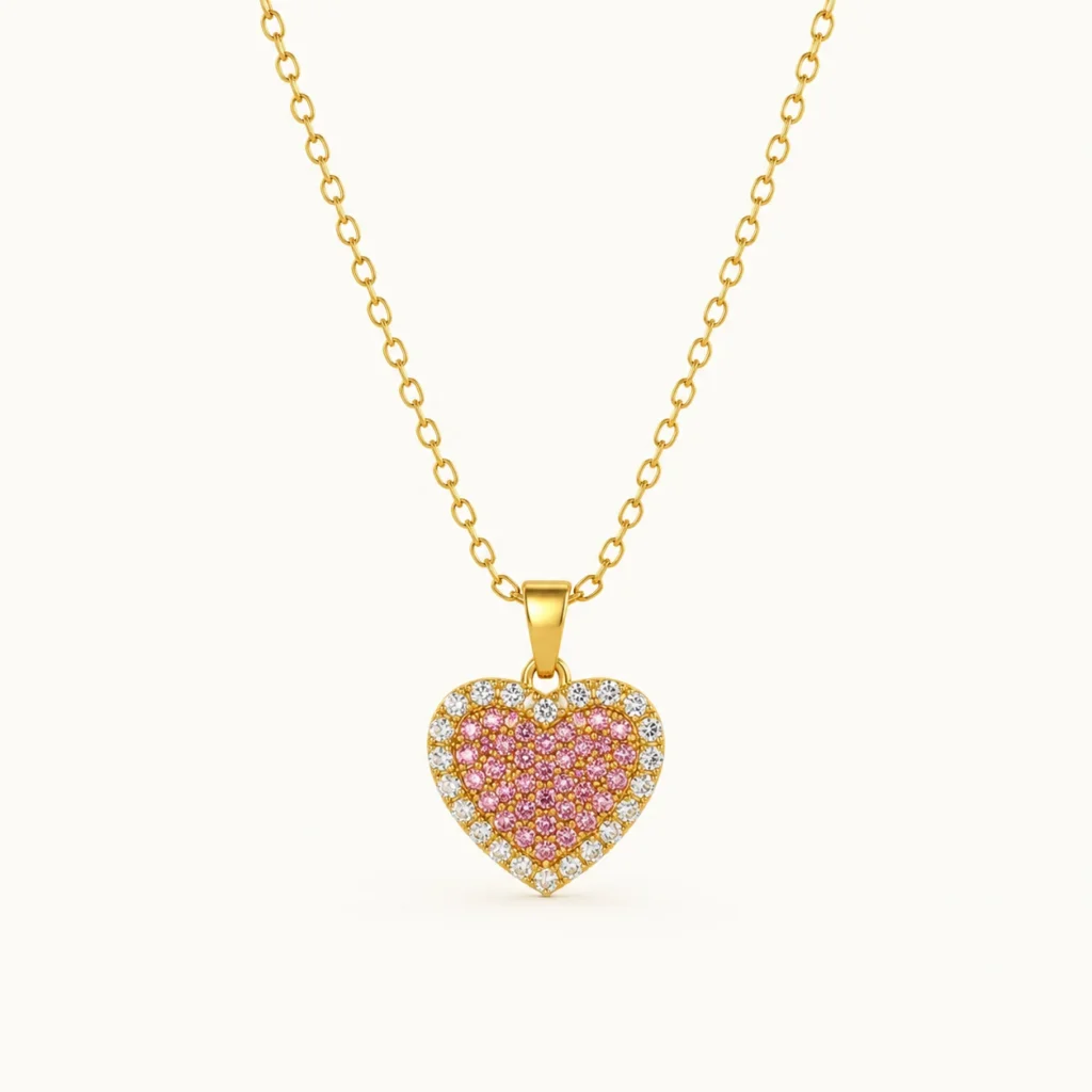 Divayra Blush Halo Pink Heart Cable Chain Necklace with pink pavé CZ stones, clear crystal border and polished gold-tone oval links