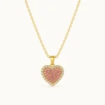 Divayra Blush Halo Pink Heart Cable Chain Necklace with pink pavé CZ stones, clear crystal border and polished gold-tone oval links