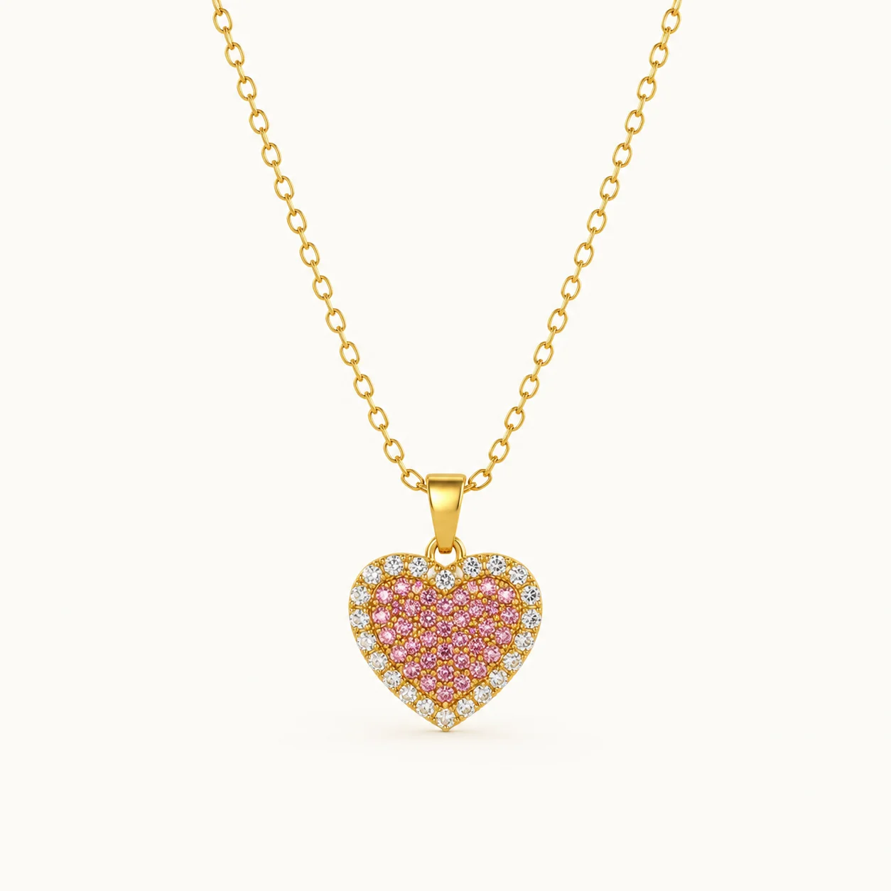 Divayra Blush Halo Pink Heart Cable Chain Necklace with pink pavé CZ stones, clear crystal border and polished gold-tone oval links