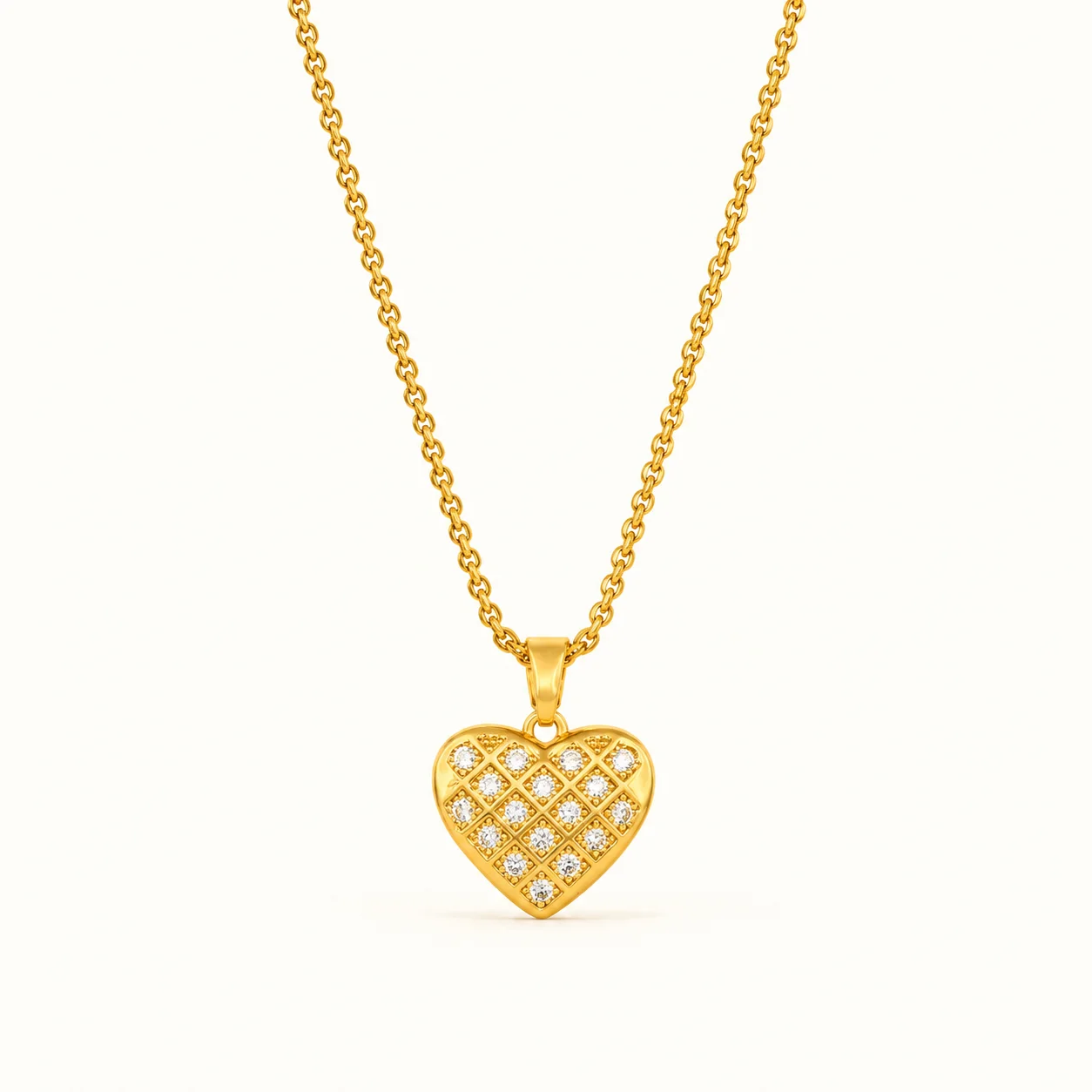 Divayra Celestia Quilted Heart Curb Chain Necklace with clear CZ stones and polished gold-tone lattice pendant (2)