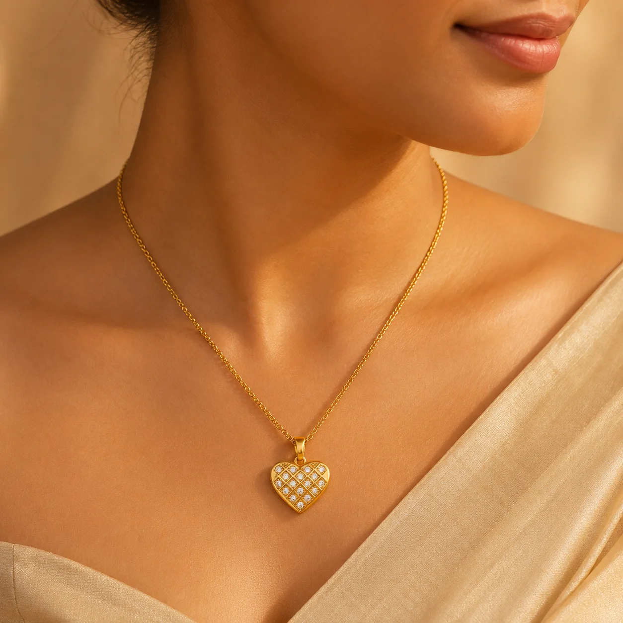 Divayra Celestia Quilted Heart Curb Chain Necklace with clear CZ stones and polished gold-tone lattice pendant (2)