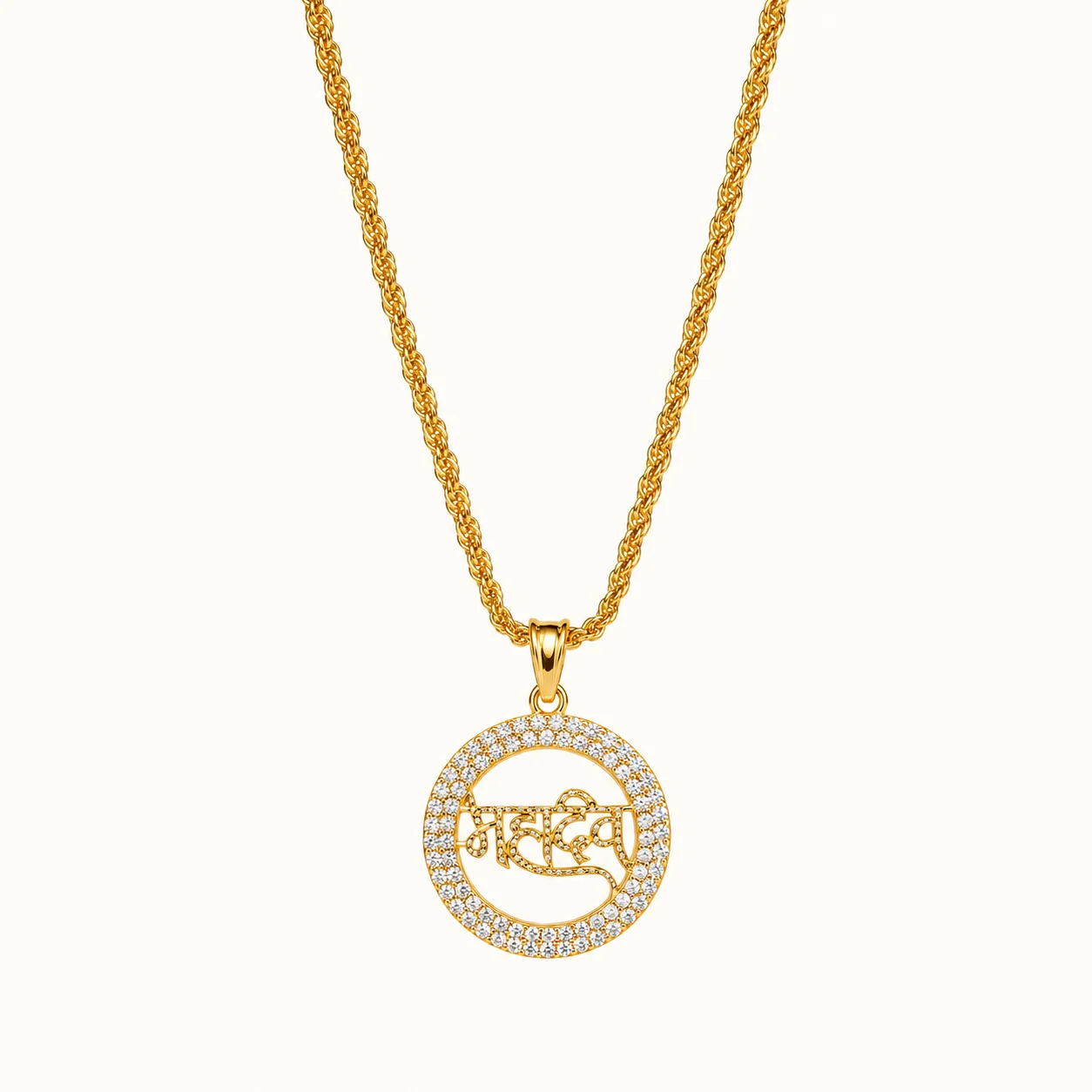 Divayra Designer Men’s Mahadev Pendant With Rope Chain in 18K Gold Finish with CZ round pendant