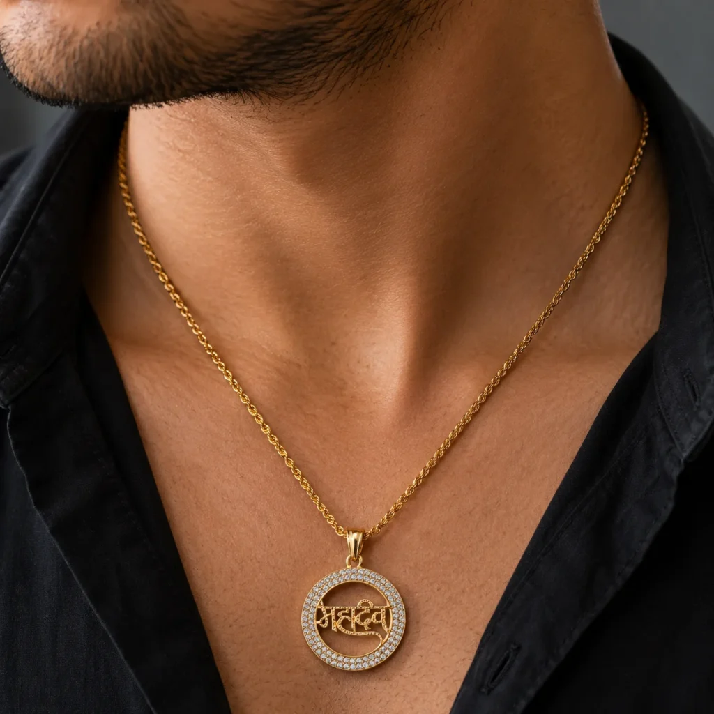 Divayra Designer Men’s Mahadev Pendant With Rope Chain in 18K Gold Finish with CZ round pendant