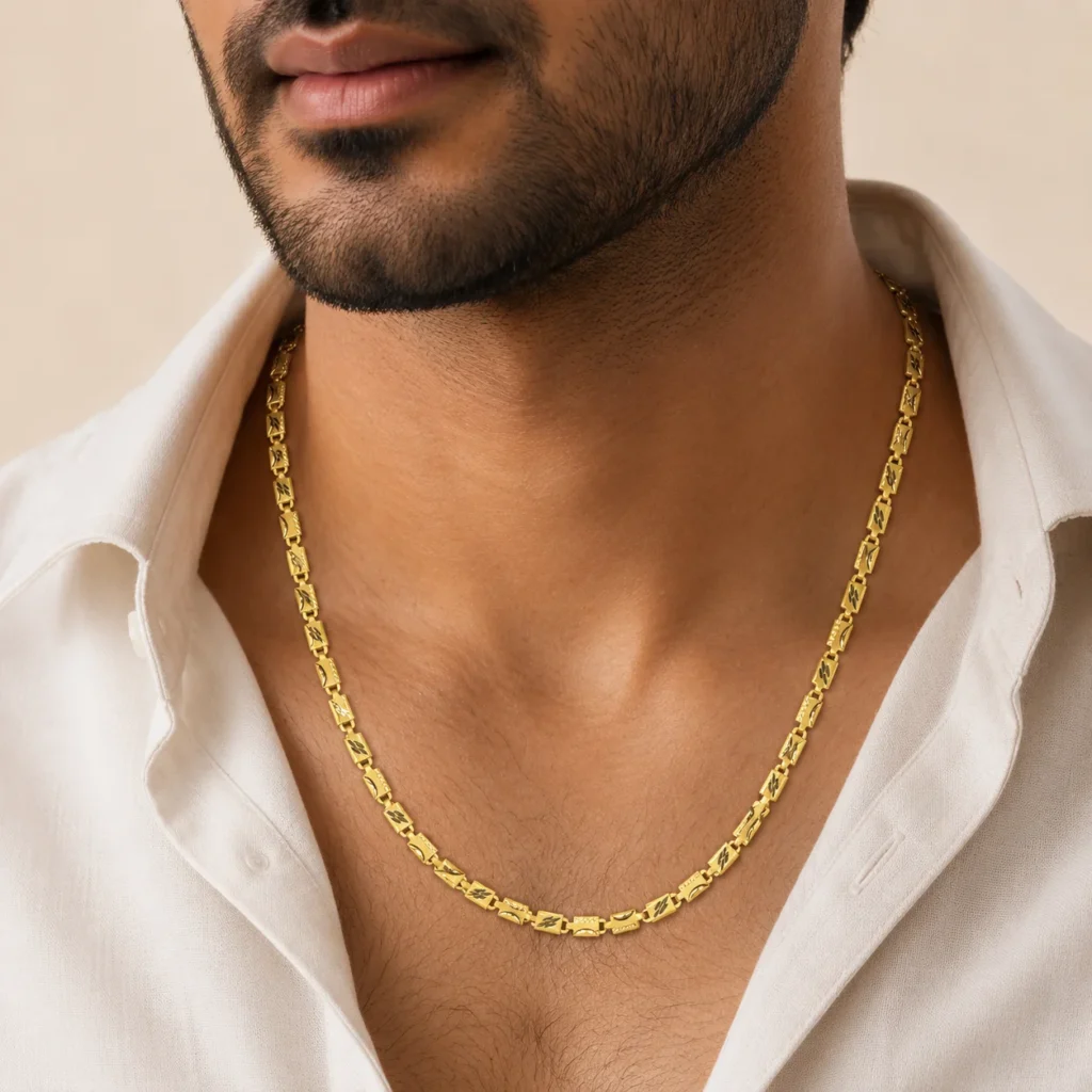 Divayra Designer Nawabi Chain for men in 22K Gold Finish with etched capsule block links and diamond-cut detailing