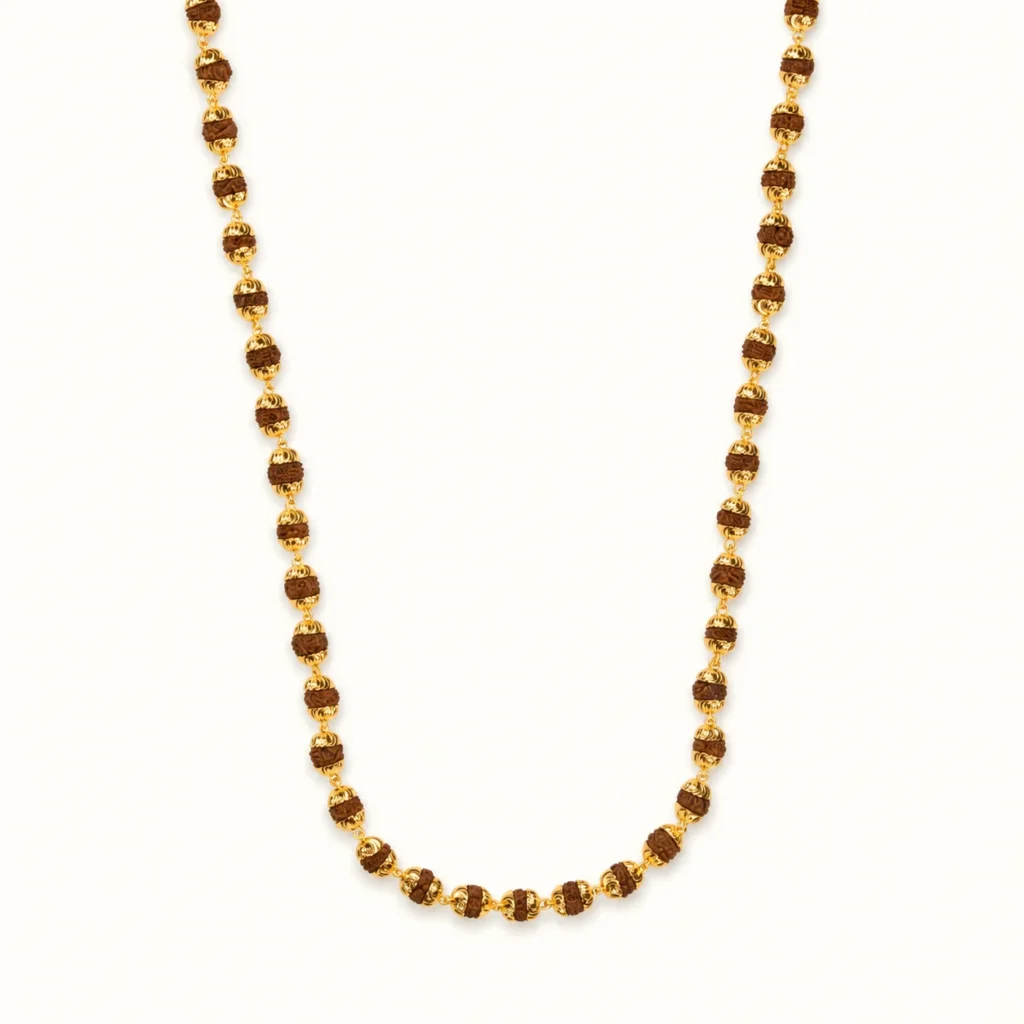 Divayra Designer Divine Rudraksha Mala for men in 18K Gold Finish with brown textured beads and golden cap detailing