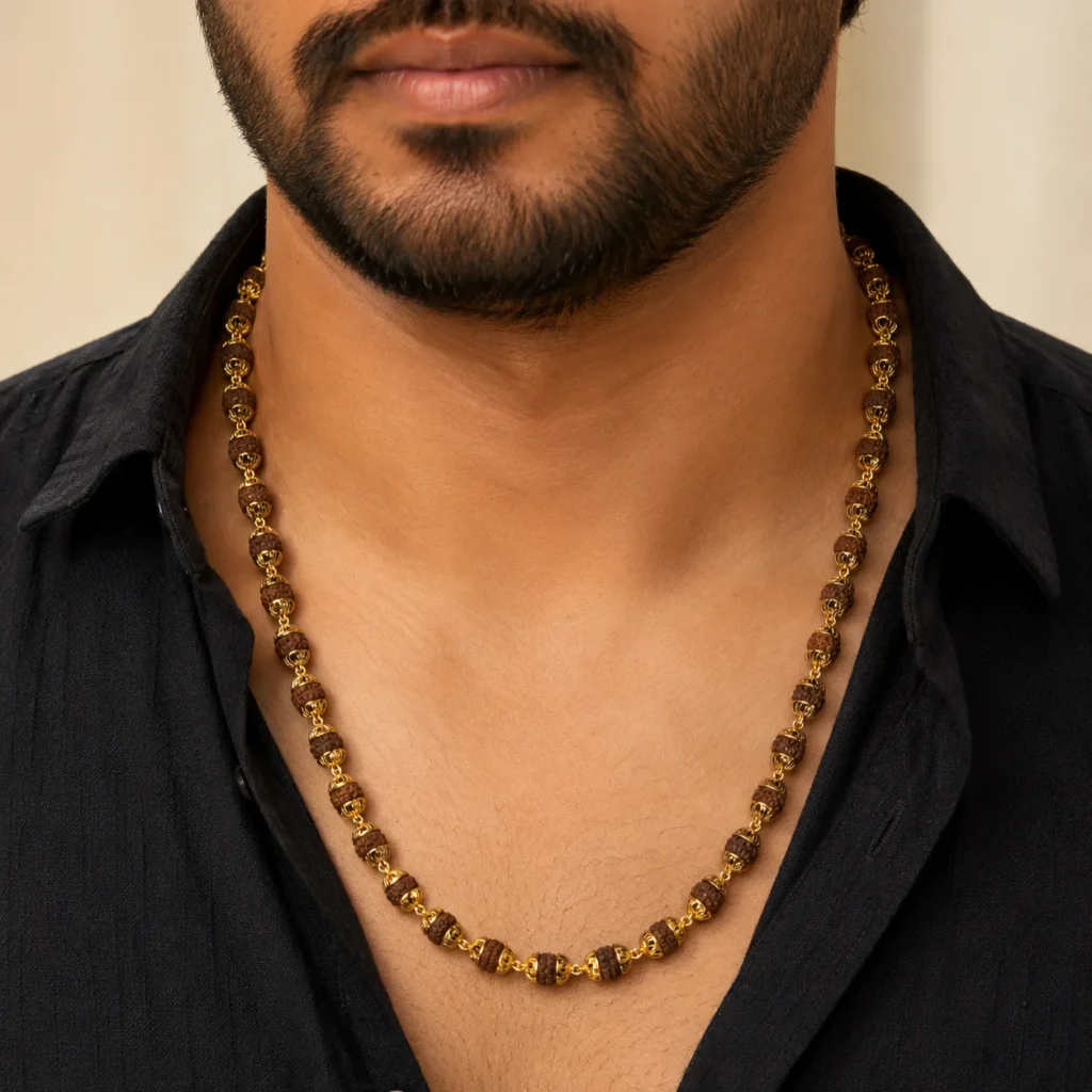 Divayra Designer Divine Rudraksha Mala for men in 18K Gold Finish with brown textured beads and golden cap detailing