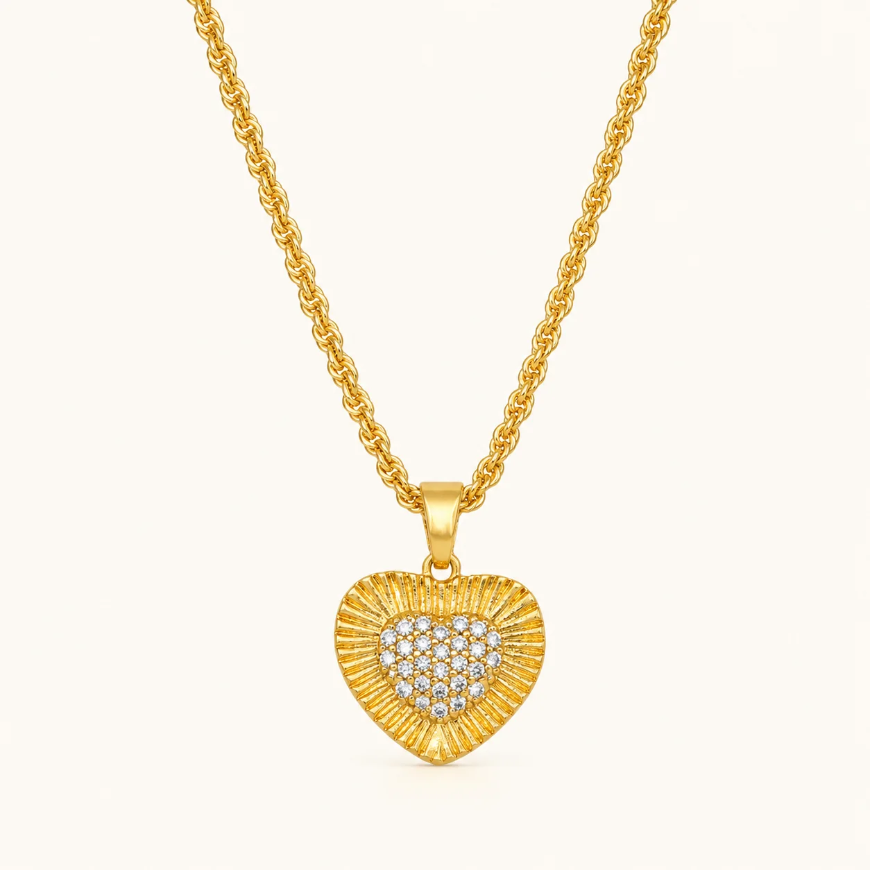 Divayra Elanora Crystal Heart Wheat Chain Necklace with a gold-tone sunburst pendant and clear pavé CZ heart centre (6)