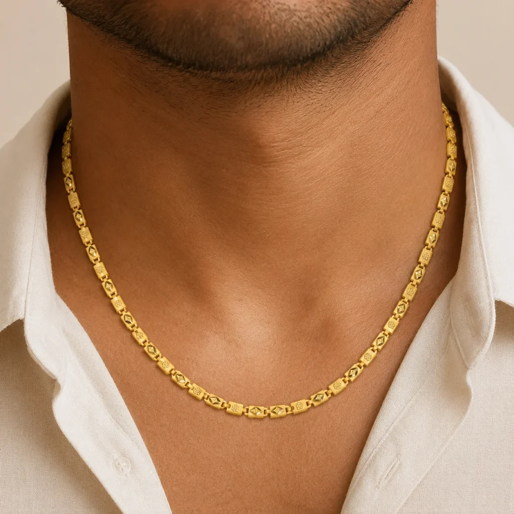Divayra Etched Designer Nawabi Chain With Diamond Cut detailing in 22K Gold Finish with etched biscuit block links