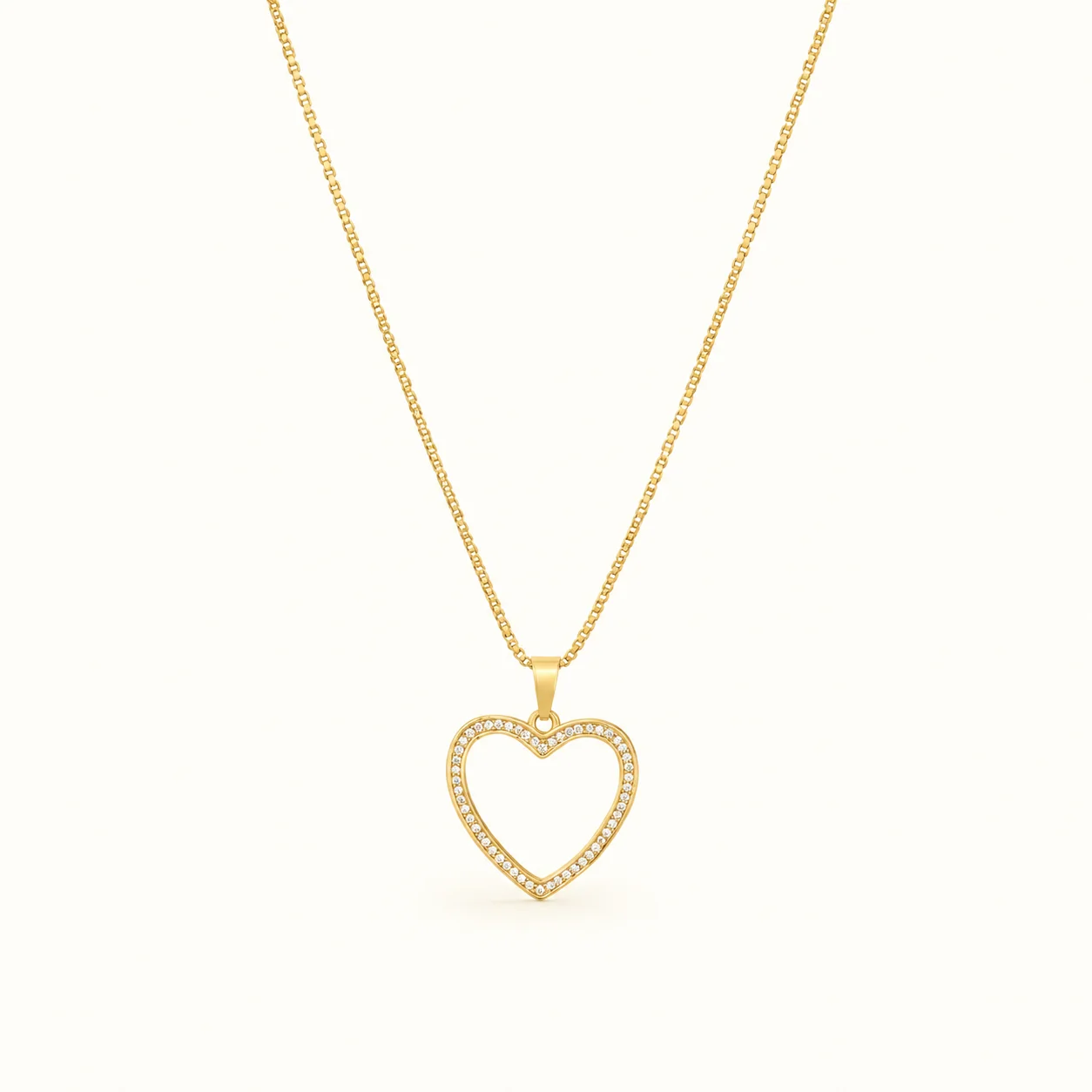 Divayra Eternelle Open Heart Box Chain Necklace with clear pavé CZ stones and polished gold-tone Venetian chain (8)