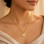 Divayra Liora Quilted Heart Popcorn Chain Necklace with clear CZ stones and polished gold-tone lattice pendant (7)