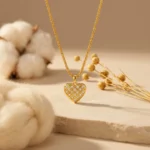 Divayra Liora Quilted Heart Popcorn Chain Necklace with clear CZ stones and polished gold-tone lattice pendant (7)