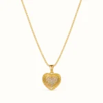 Divayra Solara Radiant Heart Box Chain Necklace with sunburst-textured gold-tone pendant and clear pavé CZ heart centre