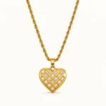 Divayra Veloura Quilted Heart Rope Chain Necklace with clear CZ stones and a polished gold-tone lattice pendant (2)