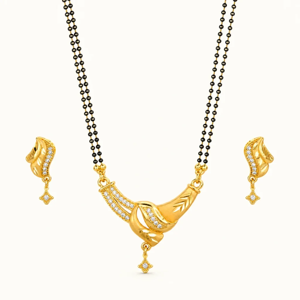 Elegant Twisted Leaf 1-Gram Gold-Plated CZ Designer Mangalsutra Set with Matching Earrings