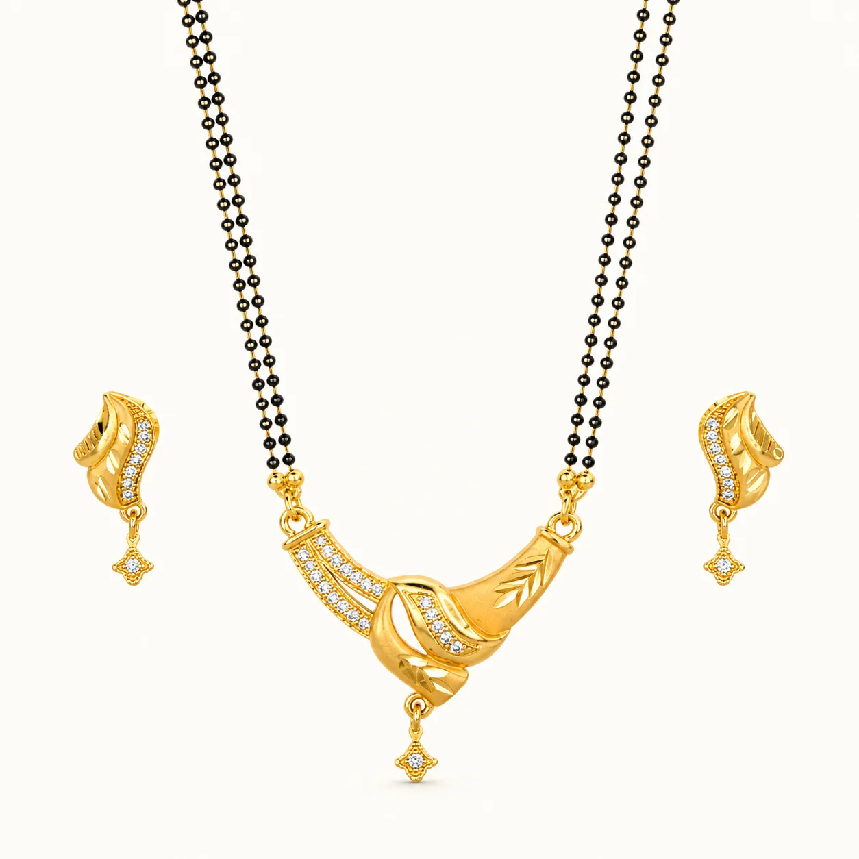 Elegant Twisted Leaf 1-Gram Gold-Plated CZ Designer Mangalsutra Set with Matching Earrings