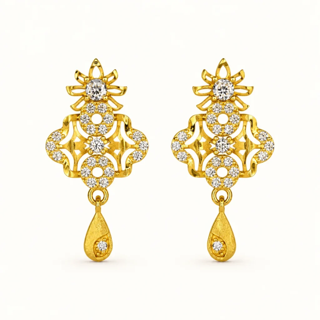 Gold Floral Drop Earrings with Cubic Zirconia Stones and Teardrop Dangle for Women
