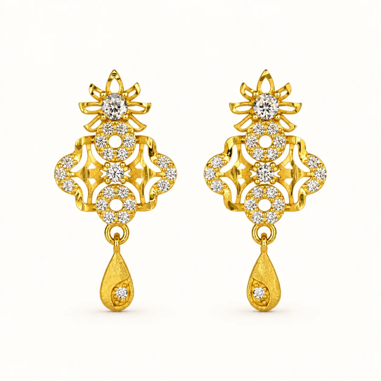 Gold Floral Drop Earrings with Cubic Zirconia Stones and Teardrop Dangle for Women