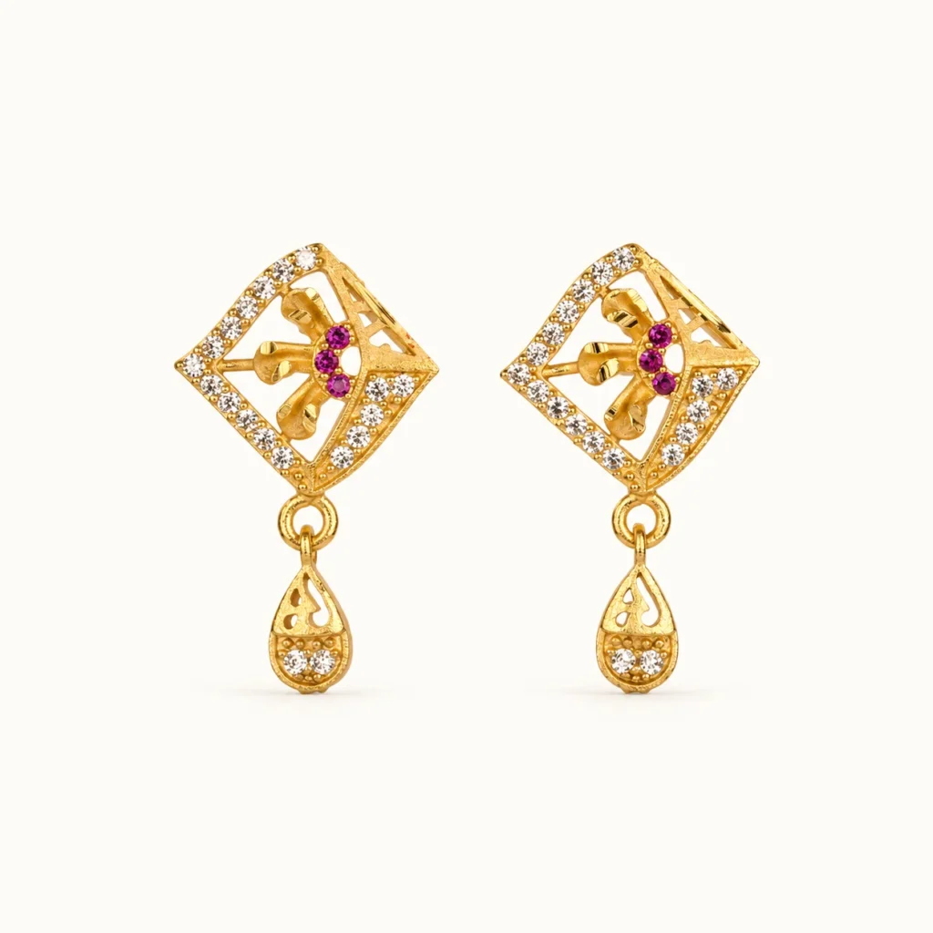 Gold Geometric Drop Earrings with Ruby and Cubic Zirconia Stones for Women