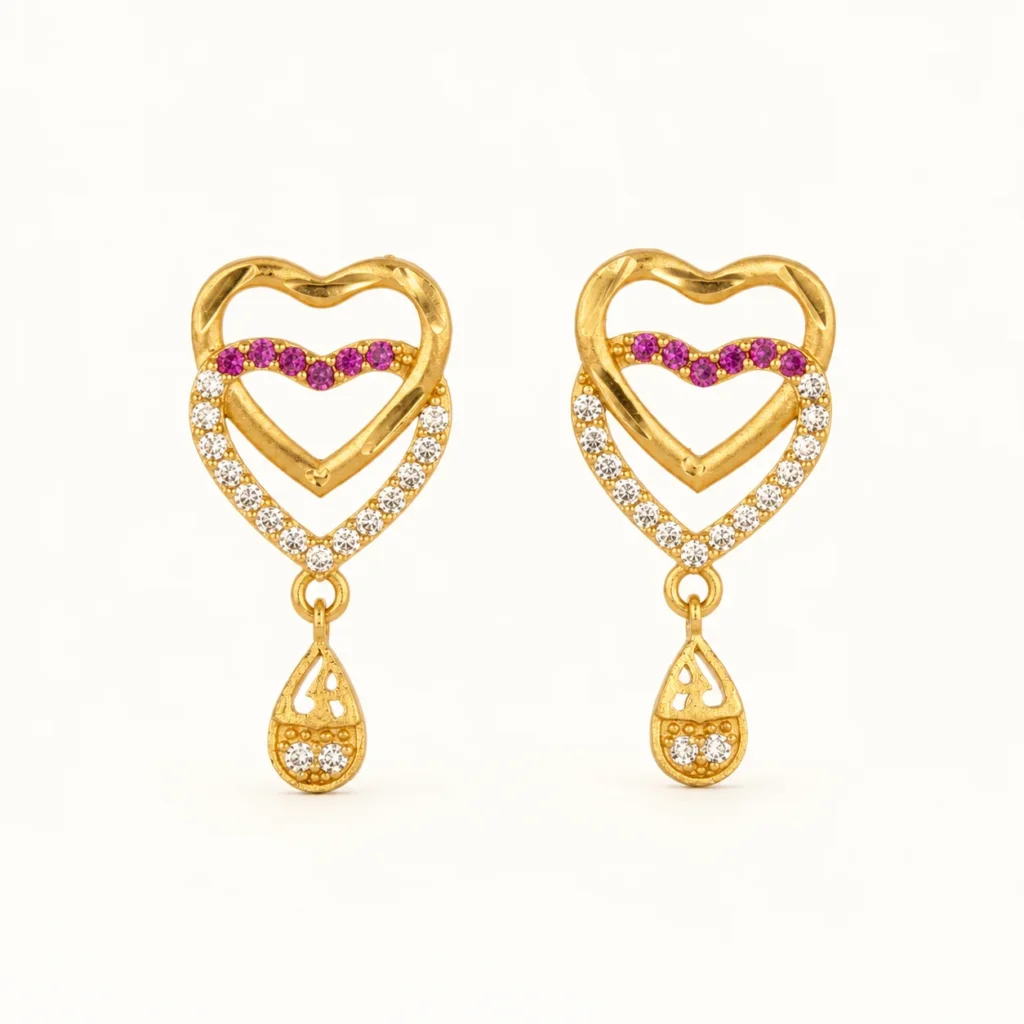 Gold Heart Drop Earrings with Pink and White Cubic Zirconia Stones for Women