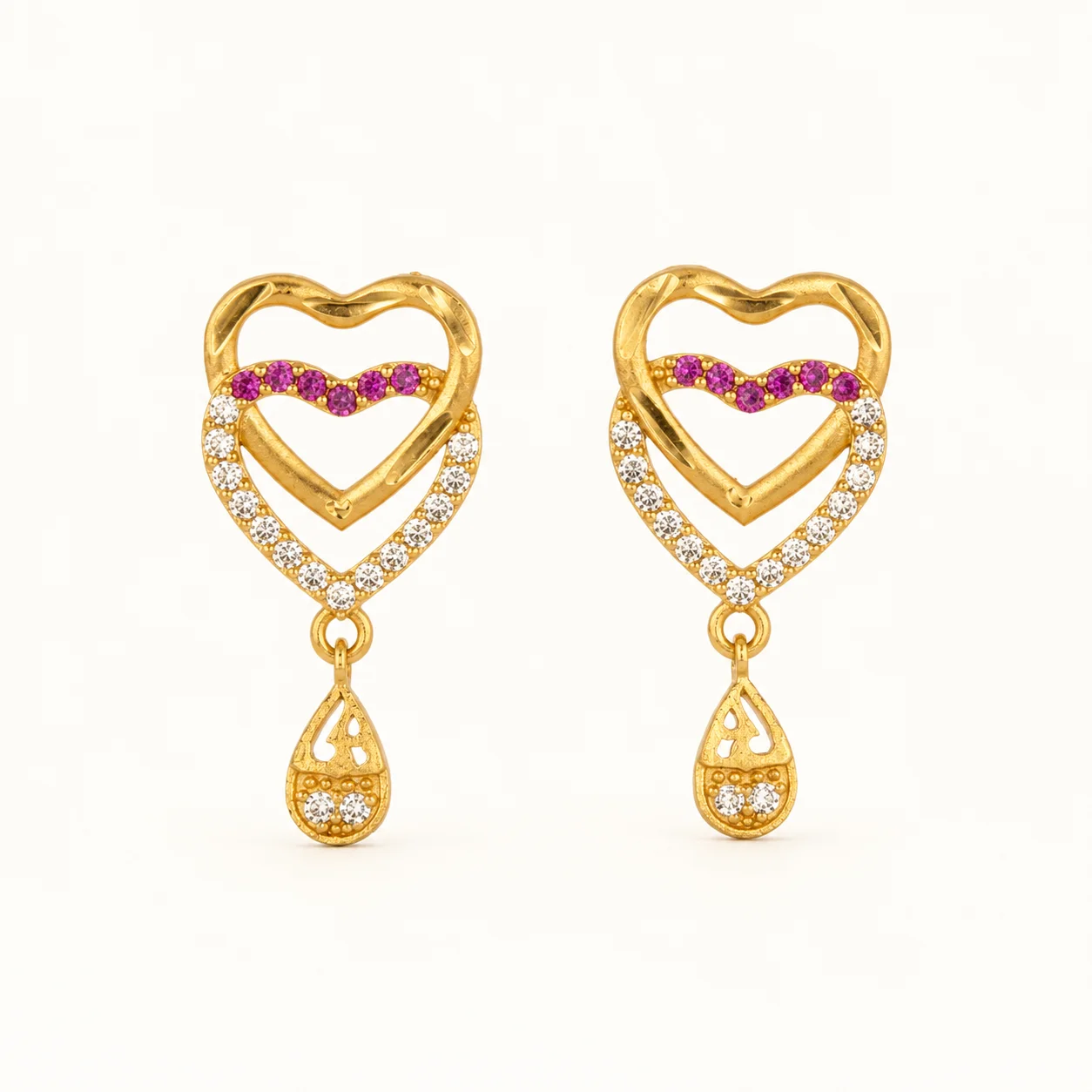 Gold Heart Drop Earrings with Pink and White Cubic Zirconia Stones for Women