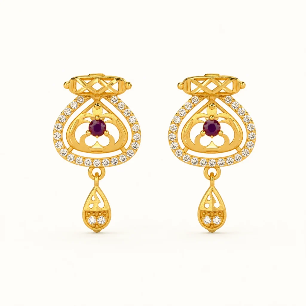 Gold Ruby Drop Earrings with Cubic Zirconia Stones and Teardrop Dangle for Women