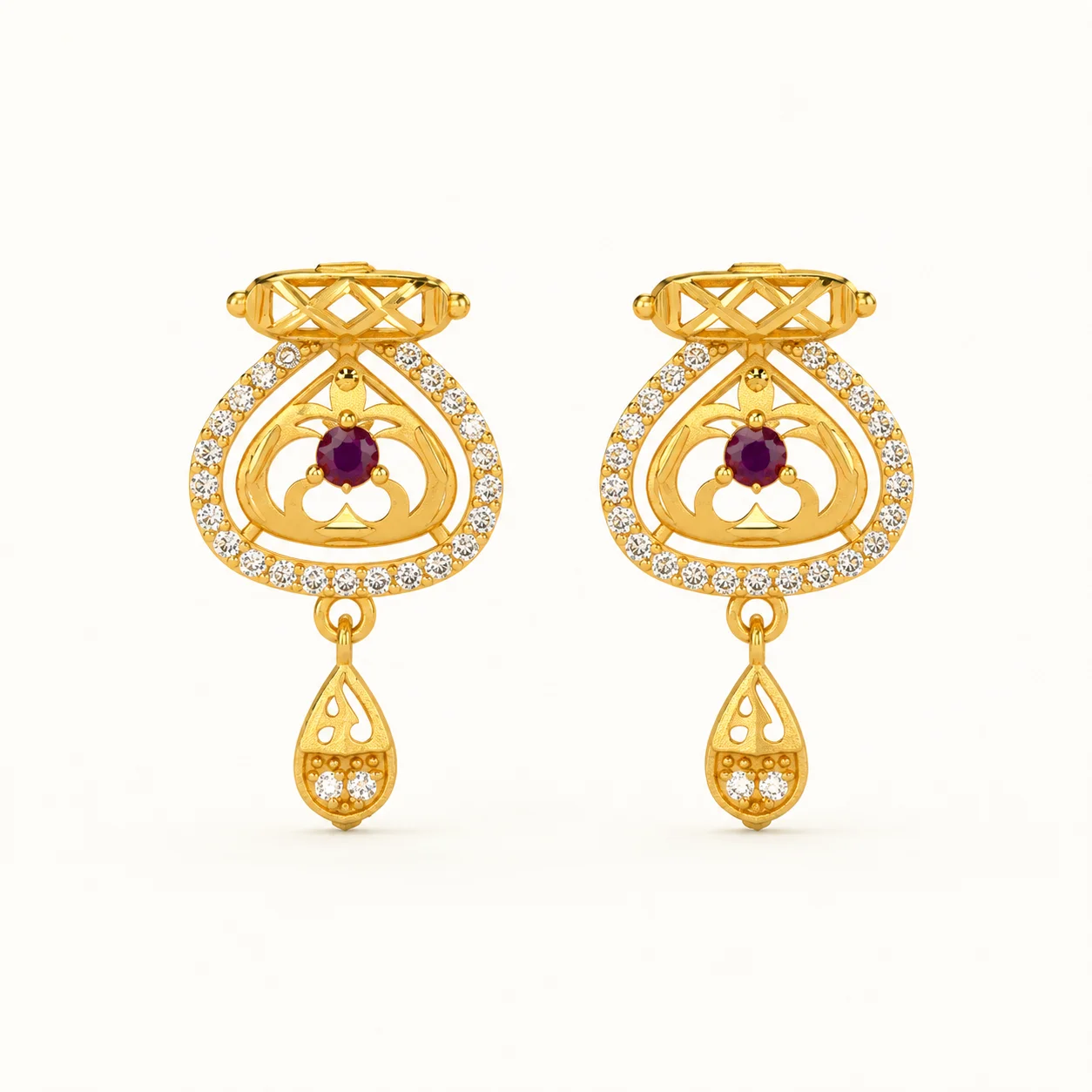 Gold Ruby Drop Earrings with Cubic Zirconia Stones and Teardrop Dangle for Women
