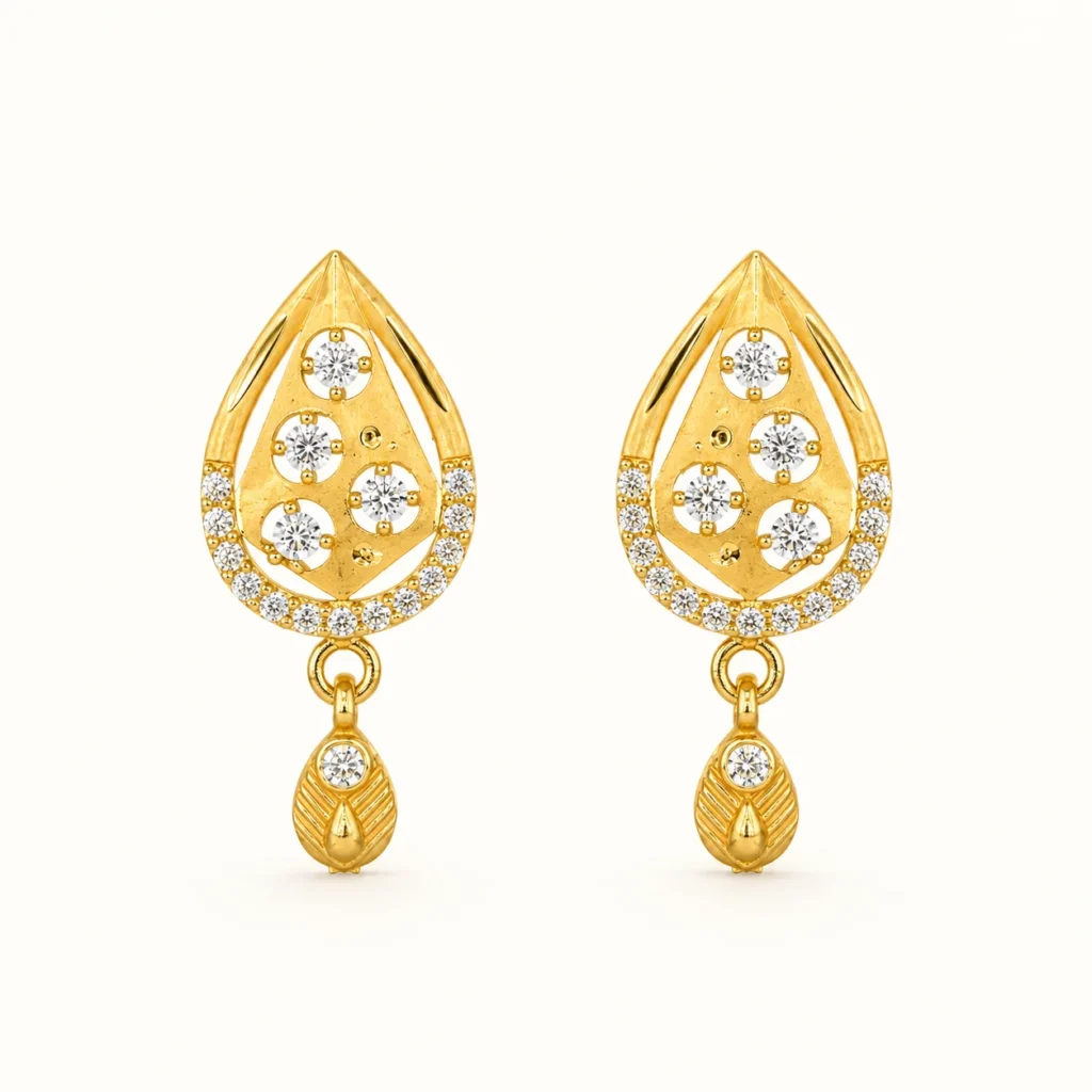 Gold Teardrop Drop Earrings with Sparkling AAA Cubic Zirconia Stones and Leaf Dangle for WomenGold Teardrop Drop Earrings with Sparkling AAA Cubic Zirconia Stones and Leaf Dangle for Women