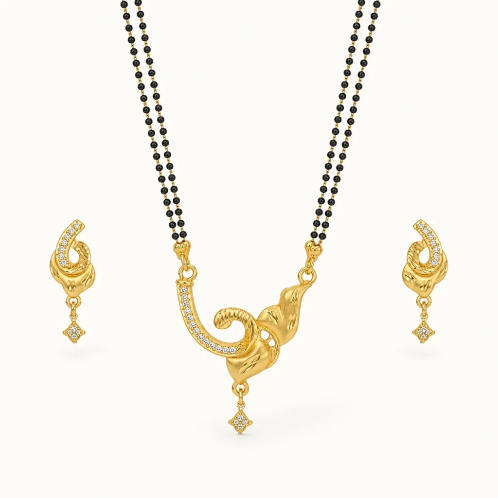 Golden Curl Elegance 1-Gram Gold-Plated CZ Designer Mangalsutra Set with Matching Earrings